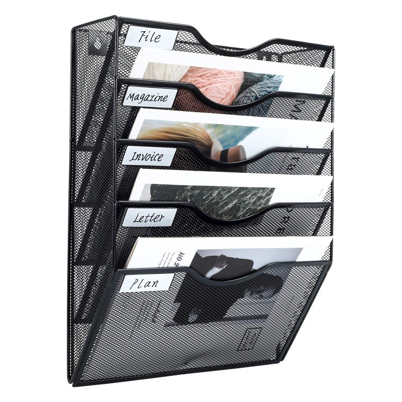 PAG Hanging Wall File Holder Mail Organizer Wall Mount Document Letter Rack, 5-Tier, Black - Image 1